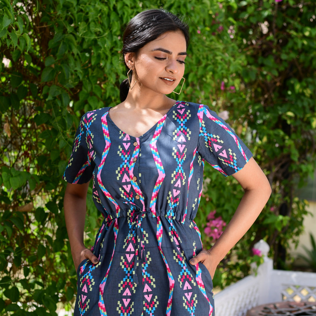 Grey Zigzag Short Cotton Jumpsuit