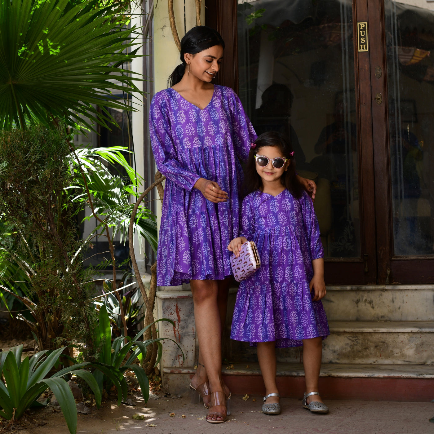 Purple Hand Block Print Tiered Mom and Daughter Dress