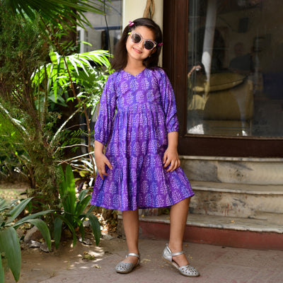 Purple Hand Block Print Tiered Mom and Daughter Dress