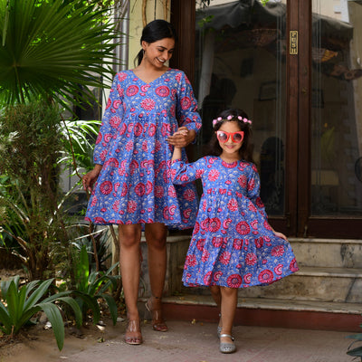 Red Flower on Blue Tiered Mom and Daughter Dress