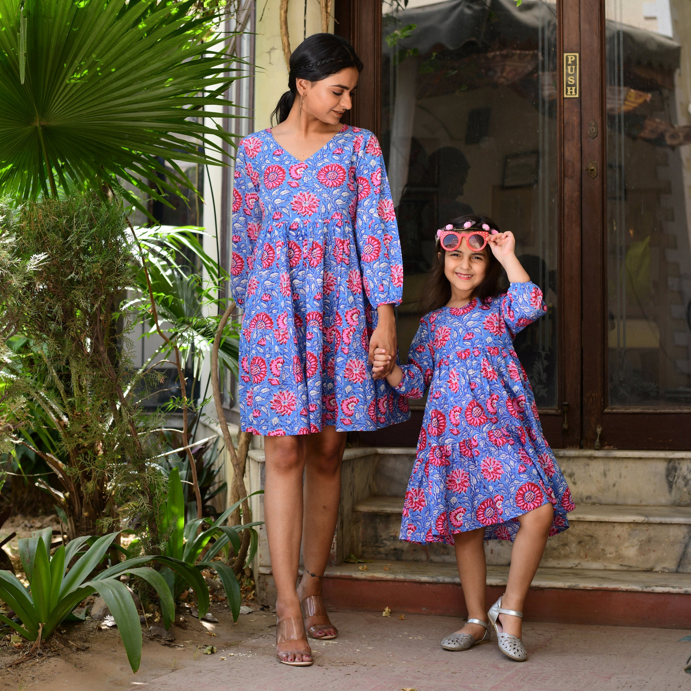 Red Flower on Blue Tiered Mom and Daughter Dress