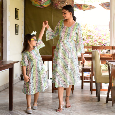 Rainbow Hand Block Print Mom and Daughter Dress