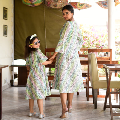 Rainbow Hand Block Print Mom and Daughter Dress