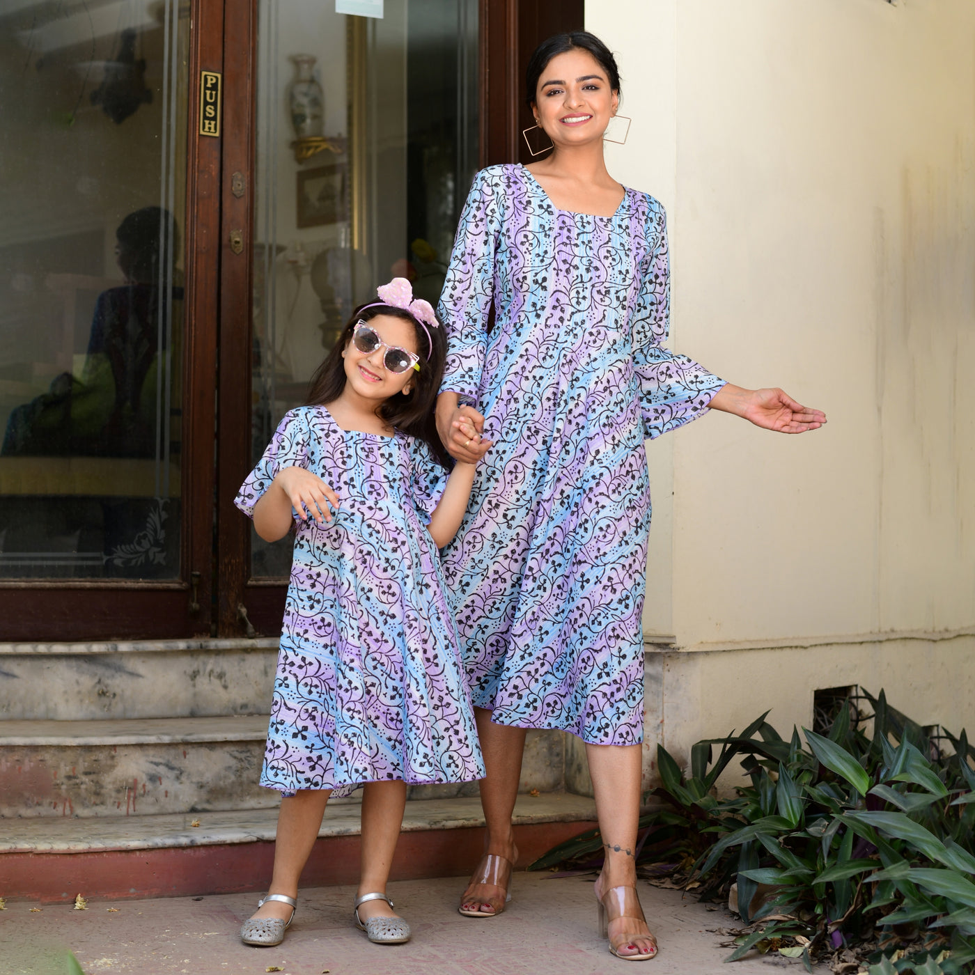 Aqua Blue-Lavender Hand Block Print Mom and Daughter Dress