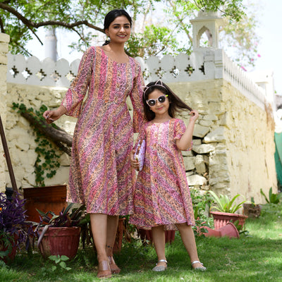 Coral Hand Block Print Button Down Mom and Daughter Dress