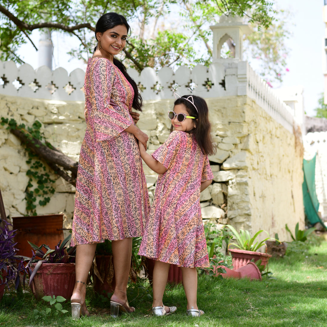 Coral Hand Block Print Button Down Mom and Daughter Dress