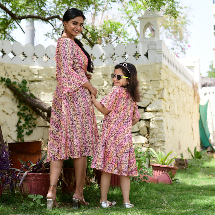 Coral Hand Block Print Button Down Mom and Daughter Dress