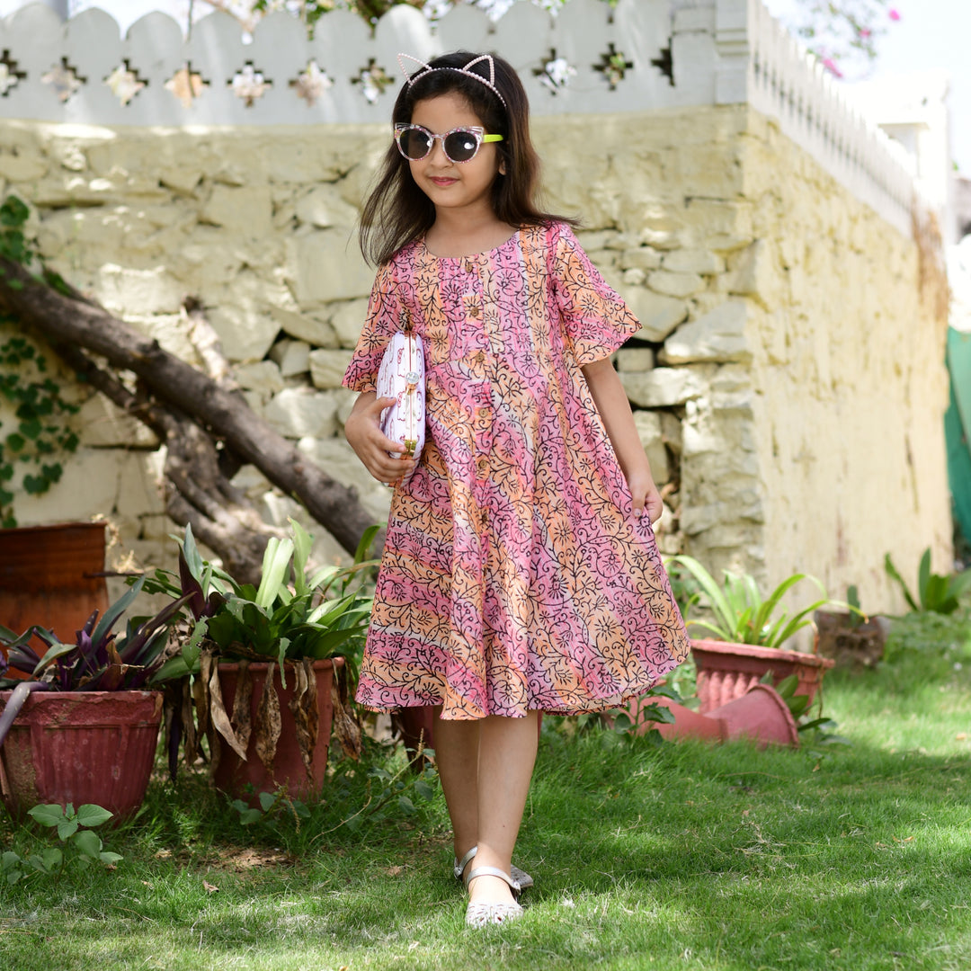 Coral Hand Block Print Button Down Girl's Dress