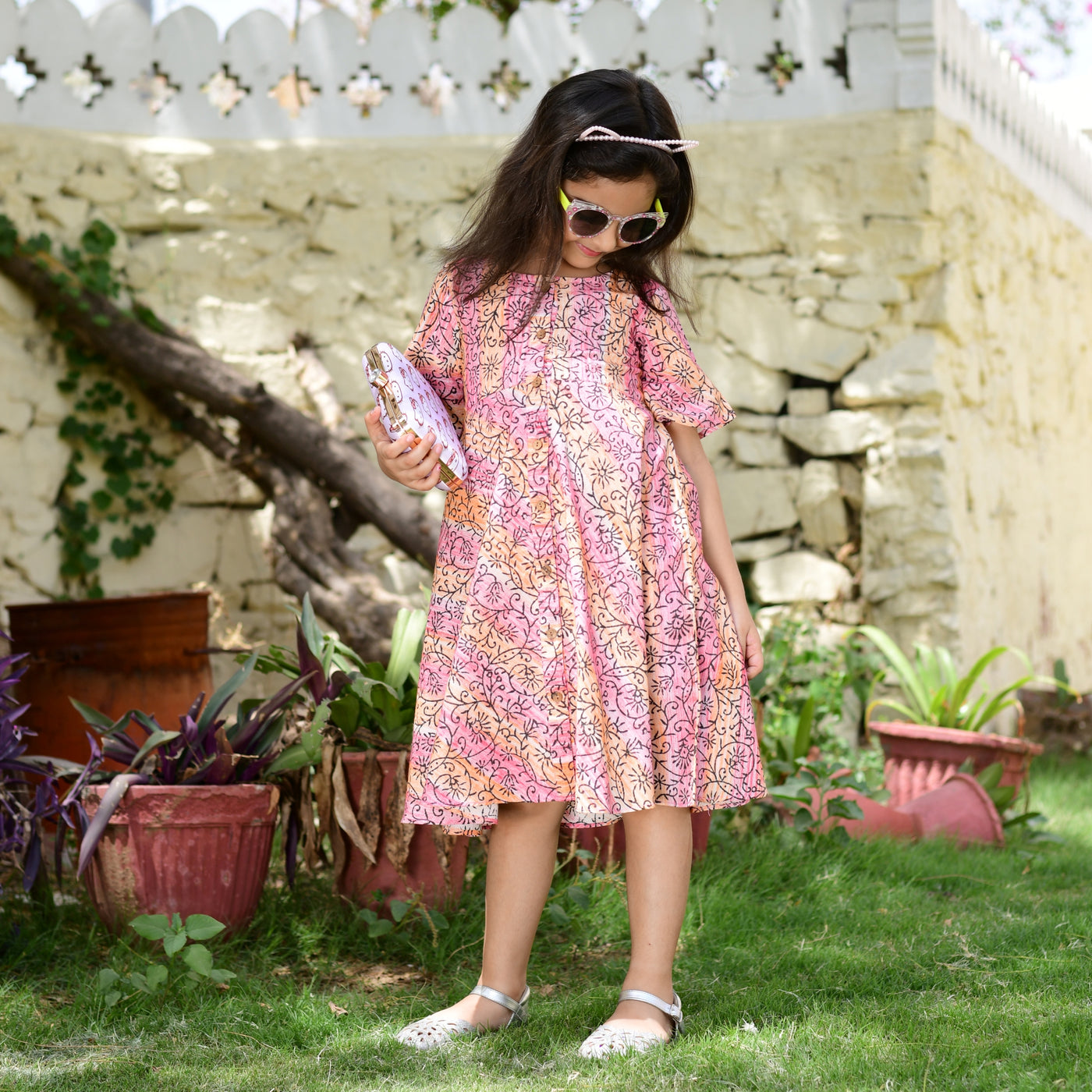 Coral Hand Block Print Button Down Girl's Dress