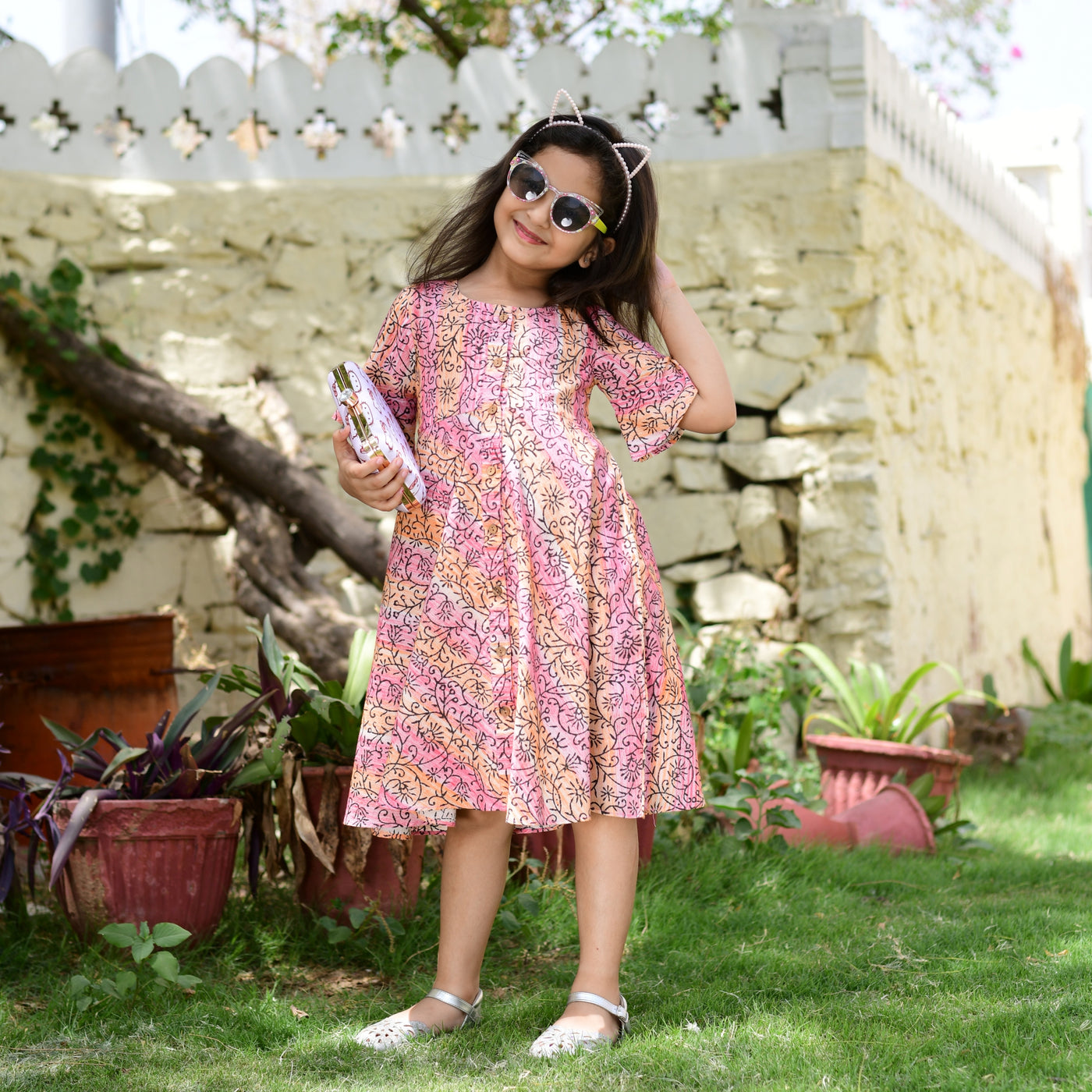 Coral Hand Block Print Button Down Girl's Dress
