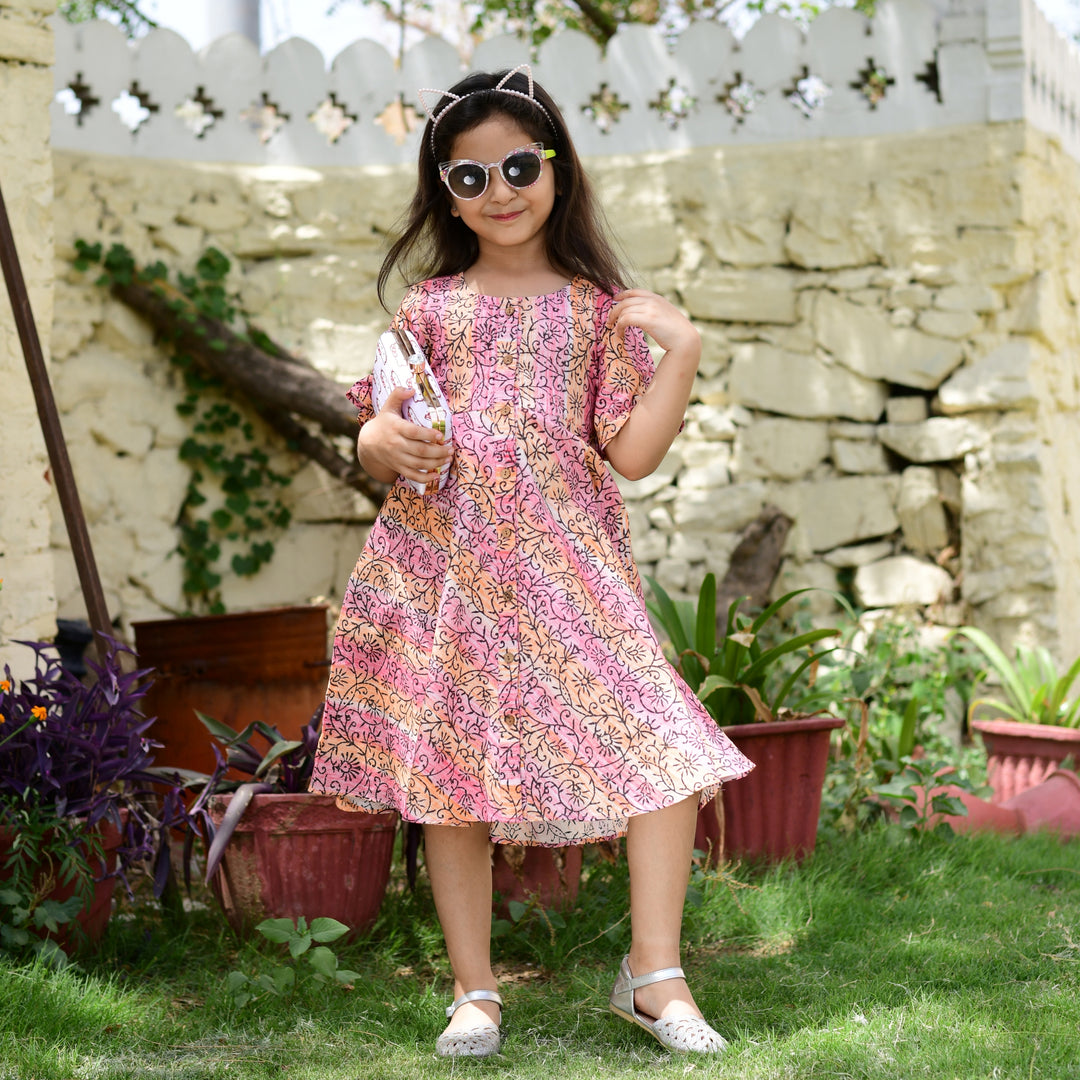Coral Hand Block Print Button Down Girl's Dress
