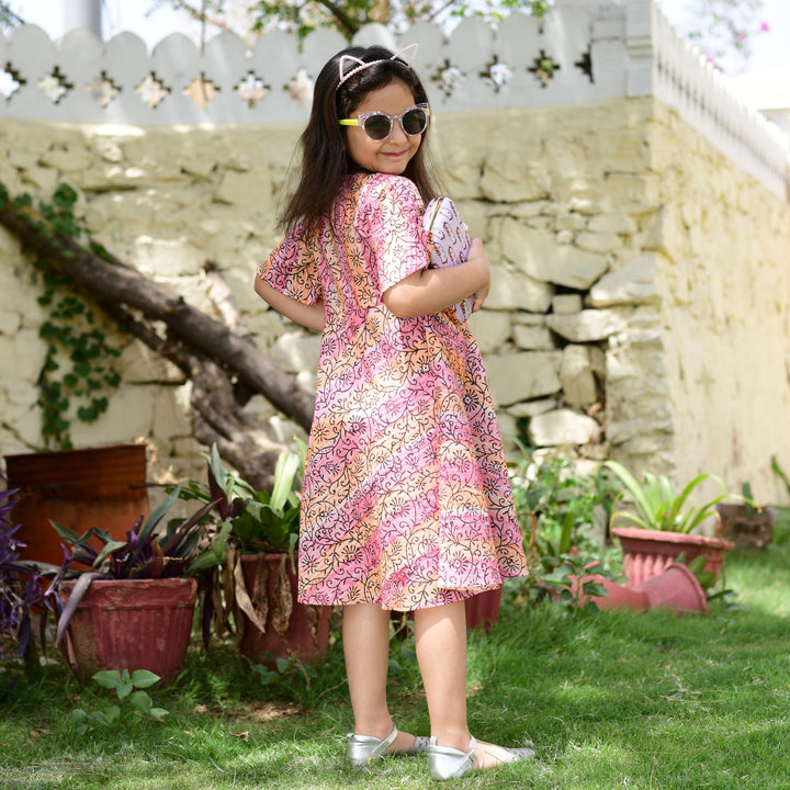 Coral Hand Block Print Button Down Girl's Dress