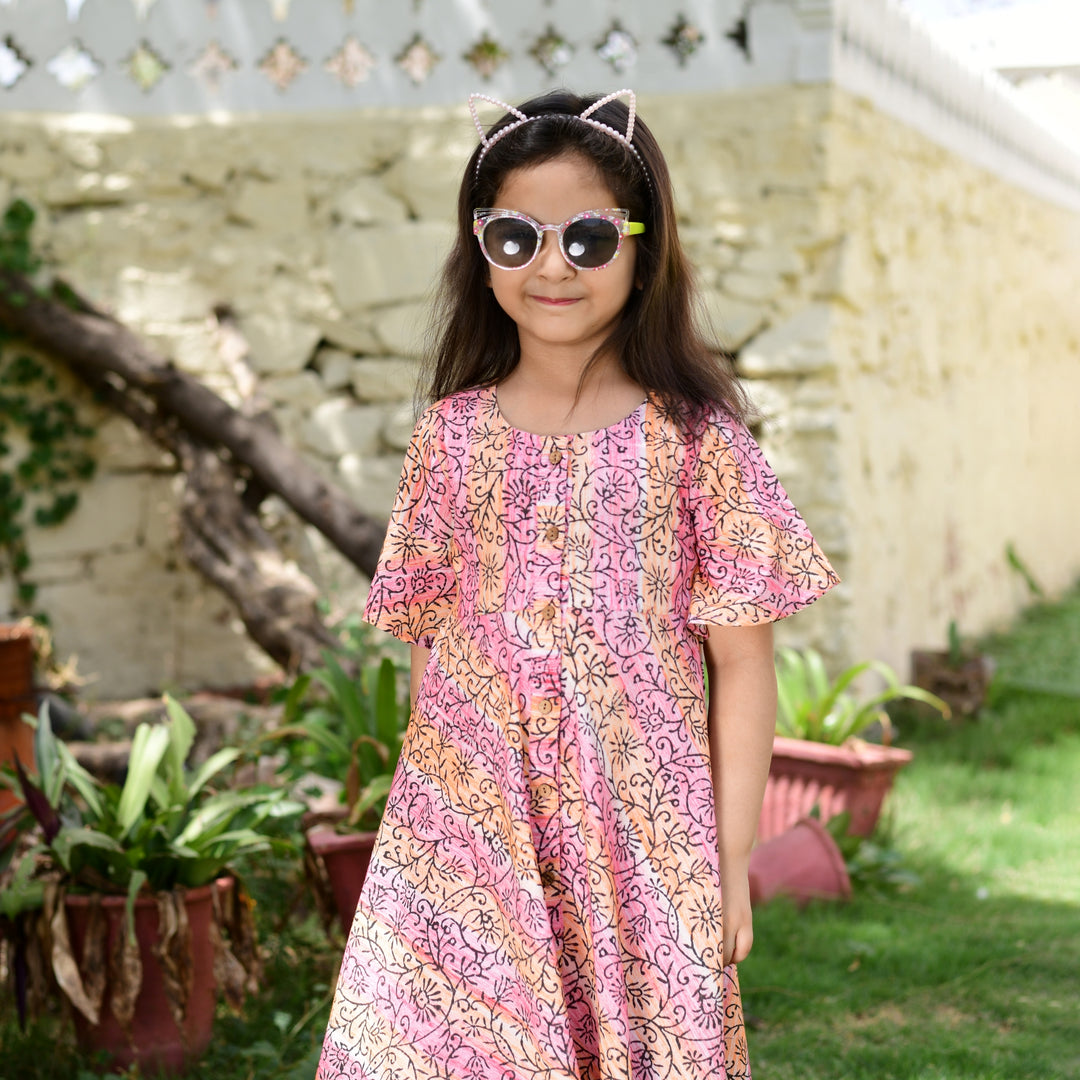 Coral Hand Block Print Button Down Girl's Dress
