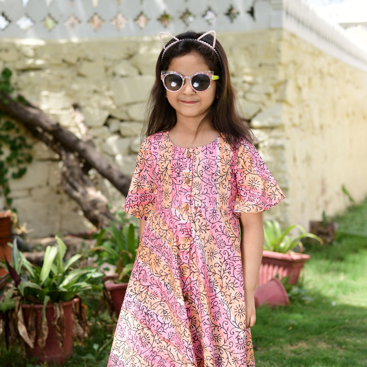 Coral Hand Block Print Button Down Girl's Dress