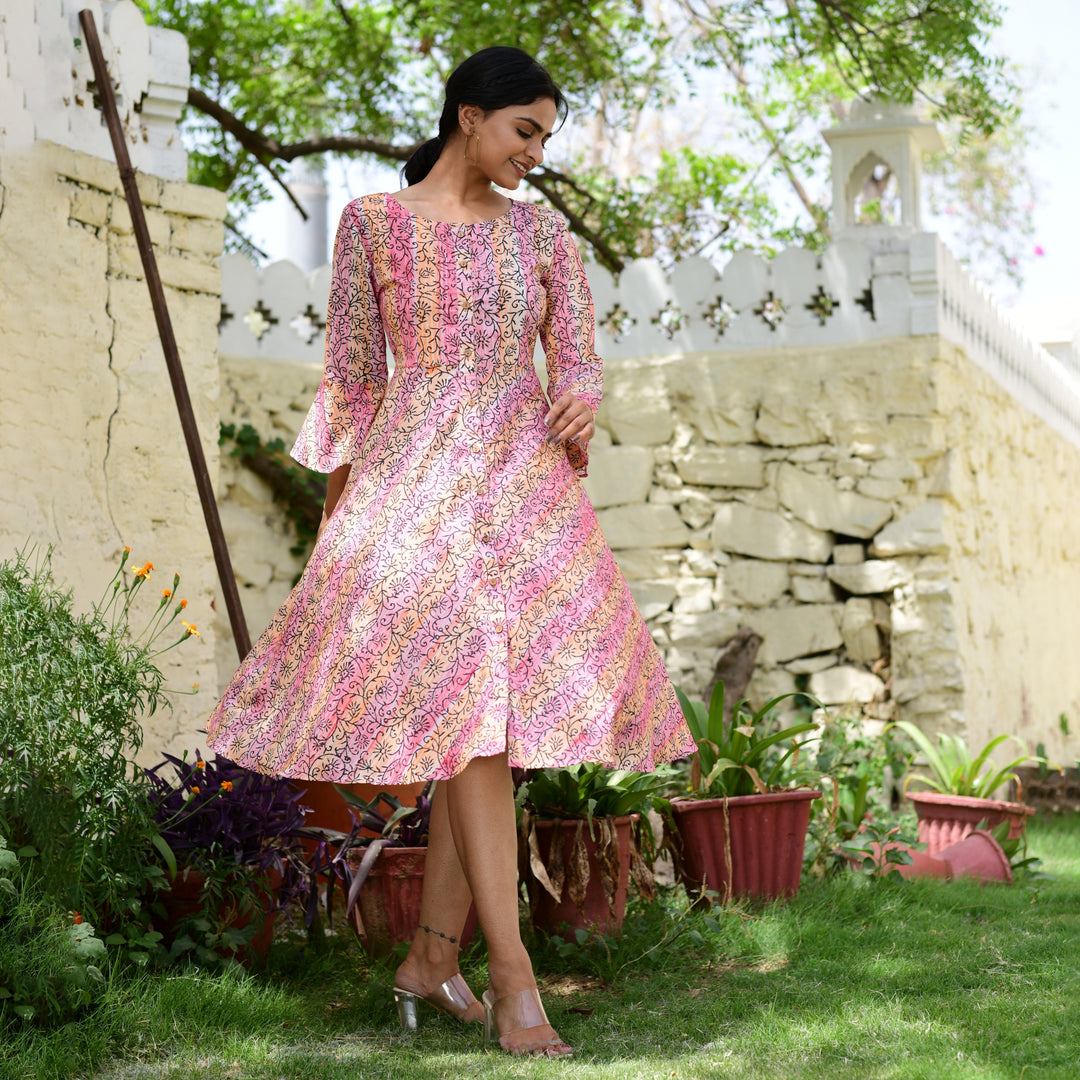 Coral Hand Block Print Button Down Mom and Daughter Dress