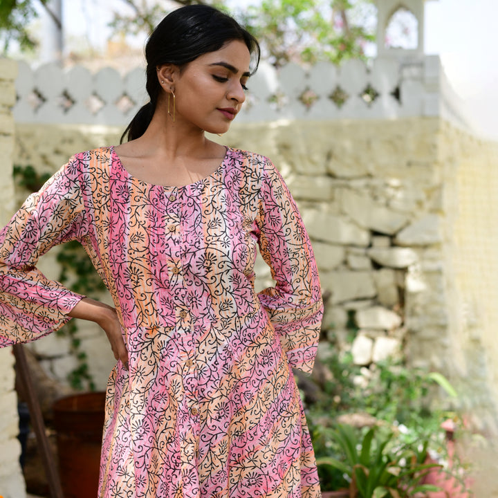 Coral Hand Block Print Button Down Mom and Daughter Dress