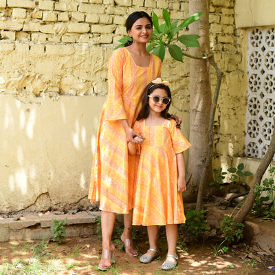 Golden Poppy Hand Block Print Mom and Daughter Dress