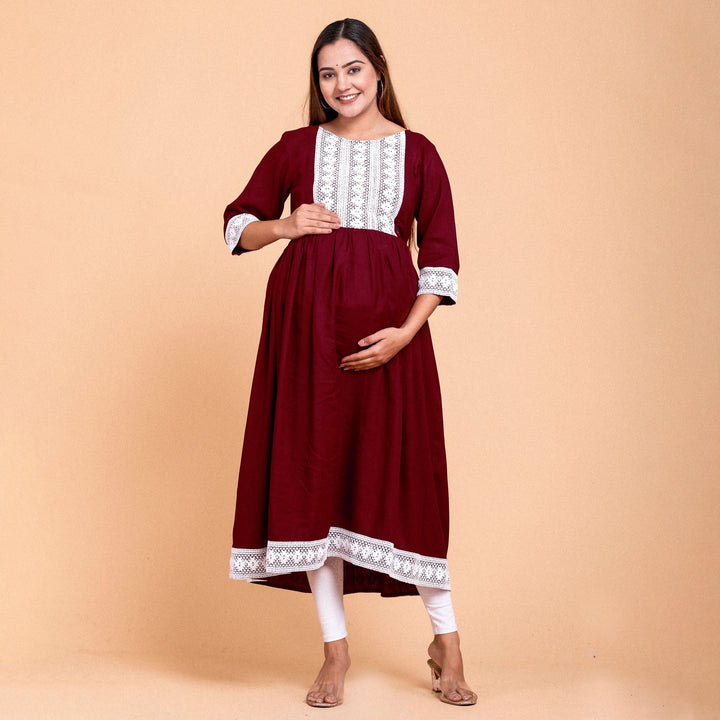 Maroon Rayon Lace Work Maternity Dress
