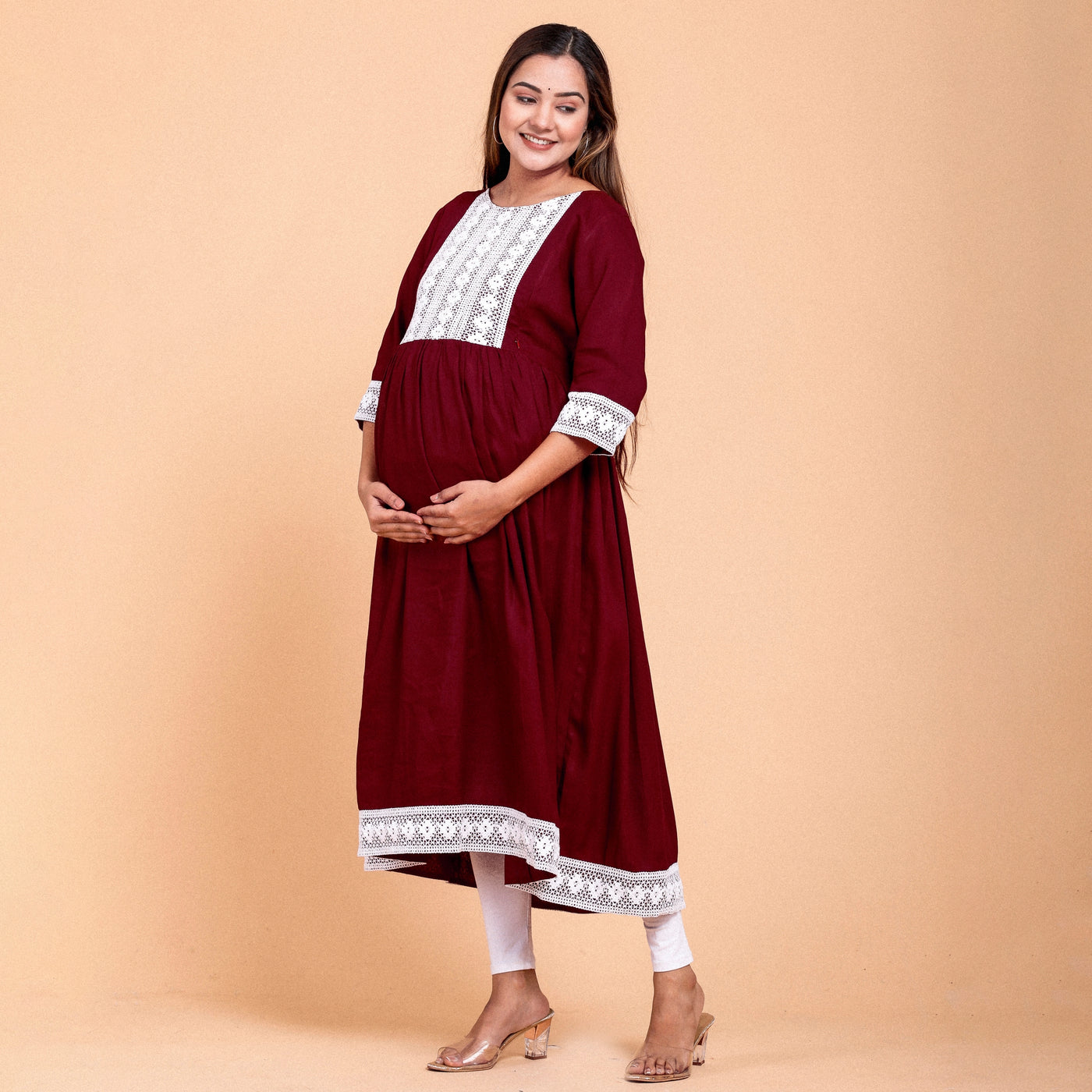 Maroon Rayon Lace Work Maternity Dress