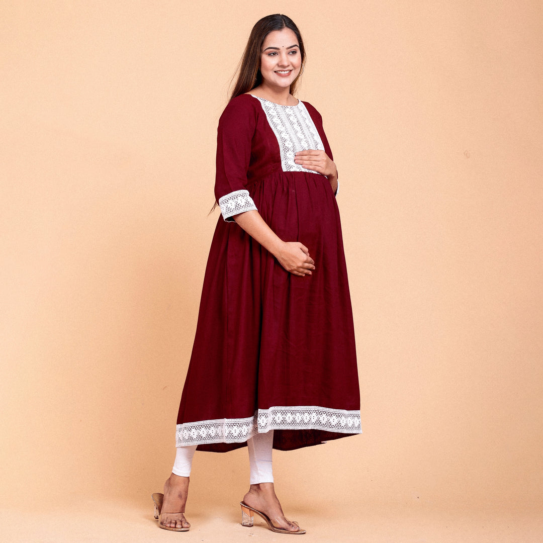 Maroon Rayon Lace Work Maternity Dress