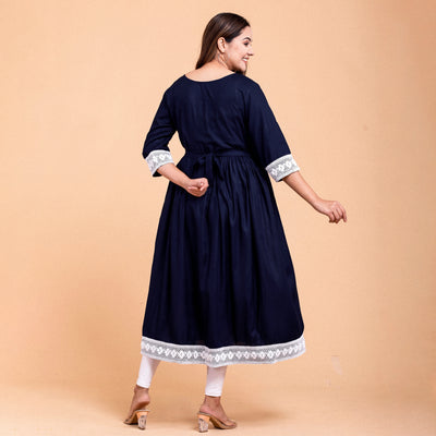 Navy Blue Rayon Lace Work Maternity Dress