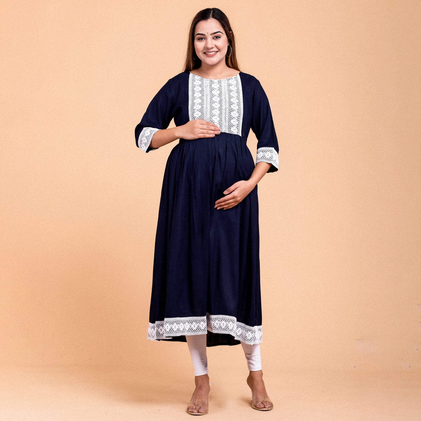 Navy Blue Rayon Lace Work Maternity Dress