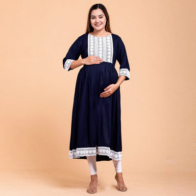 Navy Blue Rayon Lace Work Maternity Dress