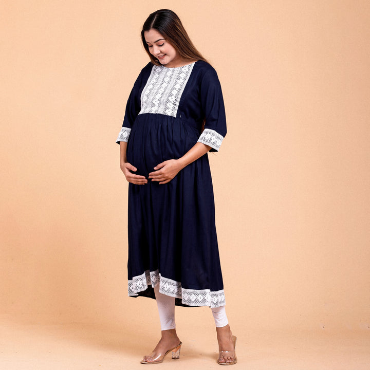 Navy Blue Rayon Lace Work Maternity Dress