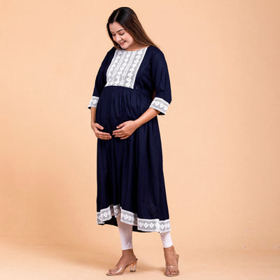 Navy Blue Rayon Lace Work Maternity Dress