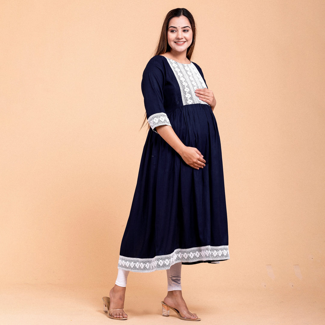 Navy Blue Rayon Lace Work Maternity Dress