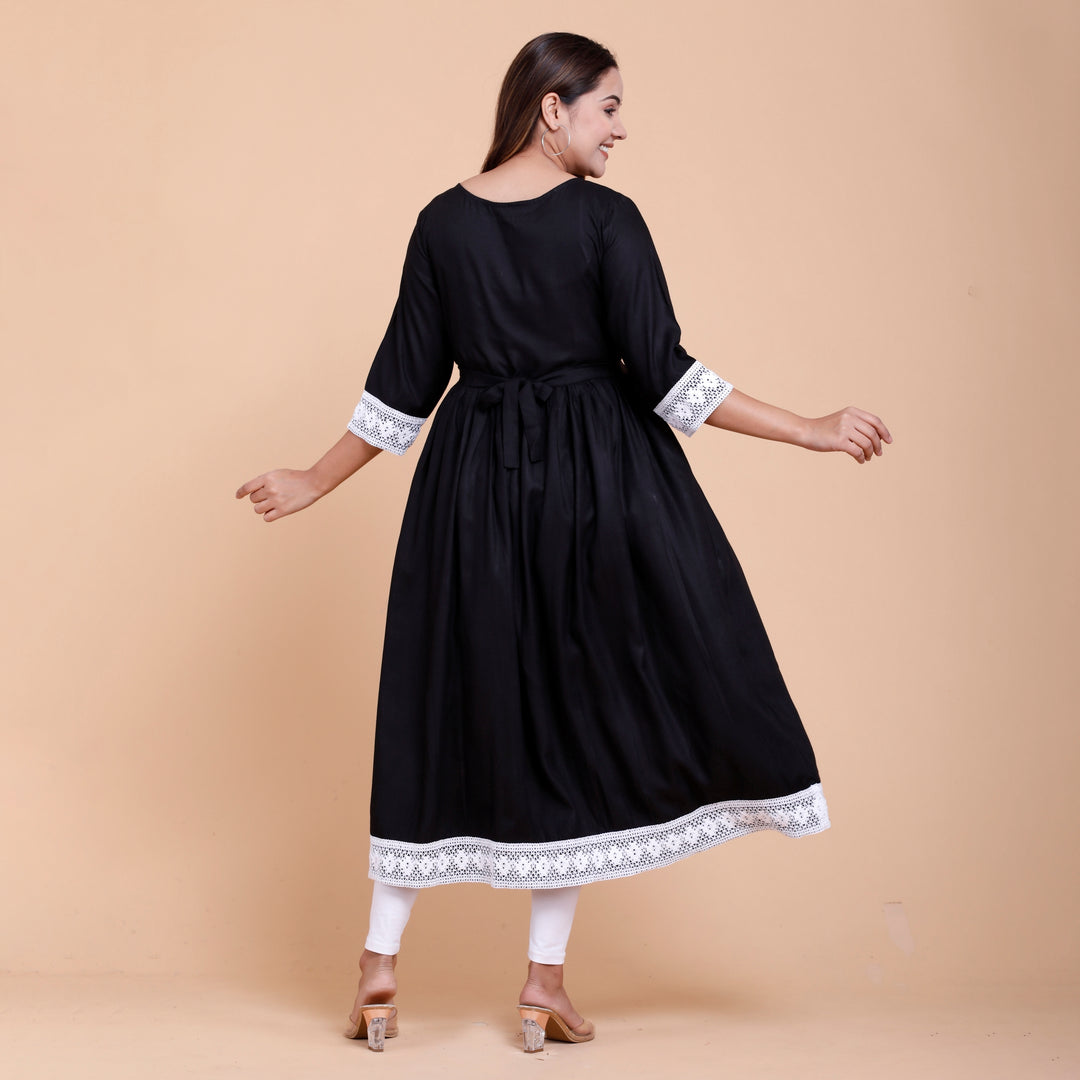 Black Rayon Lace Work Maternity Dress