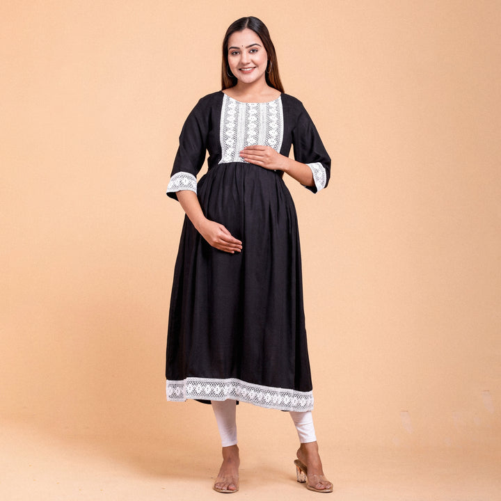 Black Rayon Lace Work Maternity Dress