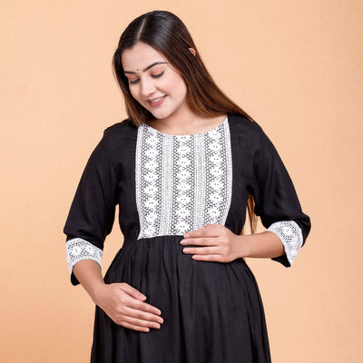 Black Rayon Lace Work Maternity Dress