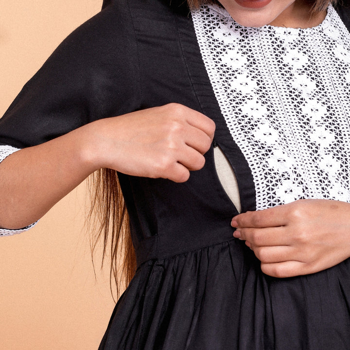 Black Rayon Lace Work Maternity Dress