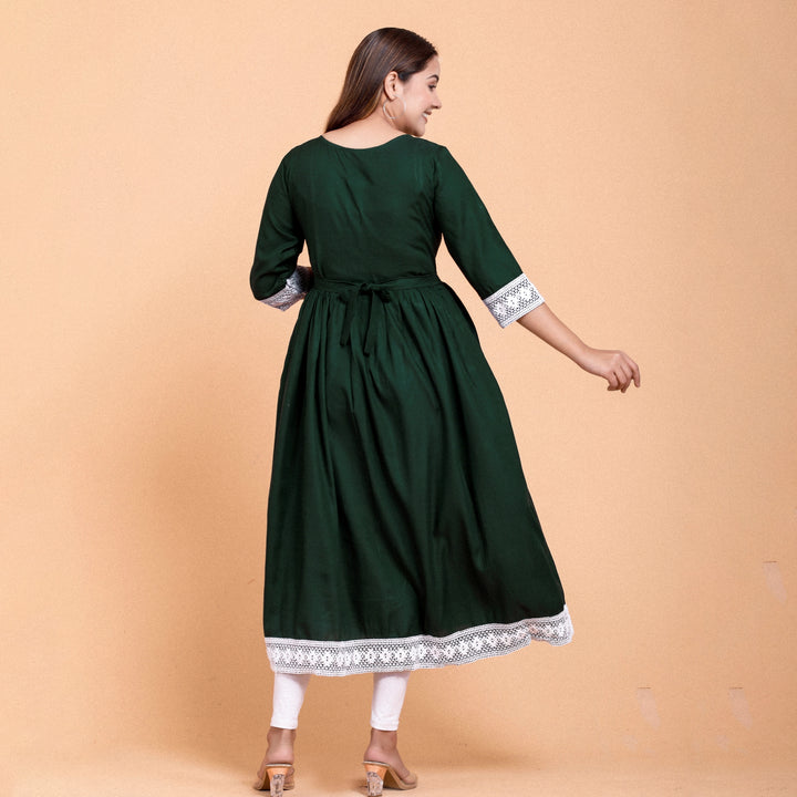 Bottle Green Rayon Lace Work Maternity Dress
