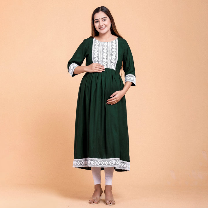 Bottle Green Rayon Lace Work Maternity Dress