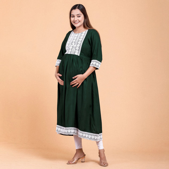 Bottle Green Rayon Lace Work Maternity Dress
