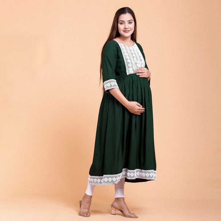 Bottle Green Rayon Lace Work Maternity Dress