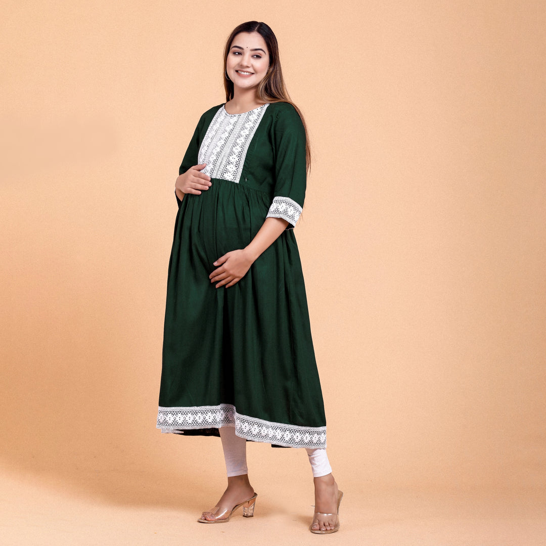 Bottle Green Rayon Lace Work Maternity Dress