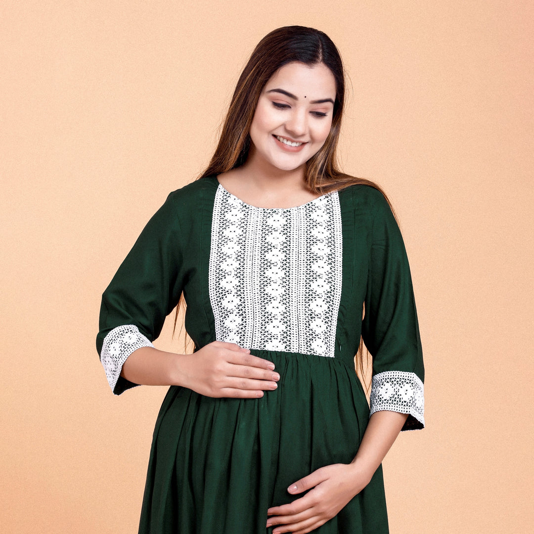 Bottle Green Rayon Lace Work Maternity Dress