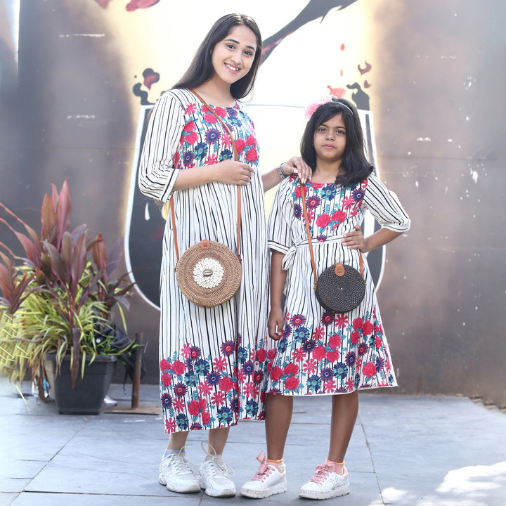 White Multiflower Mom and Daughter Dress