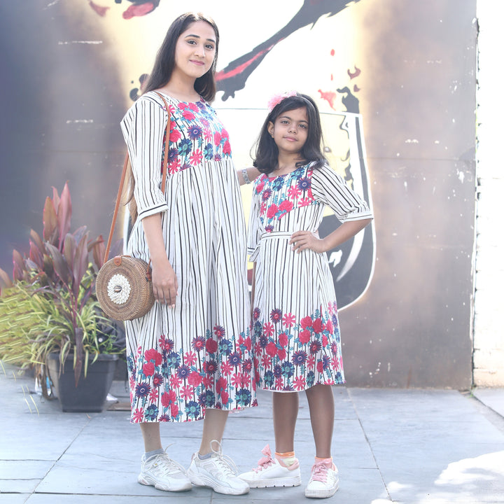 White Multiflower Mom and Daughter Dress