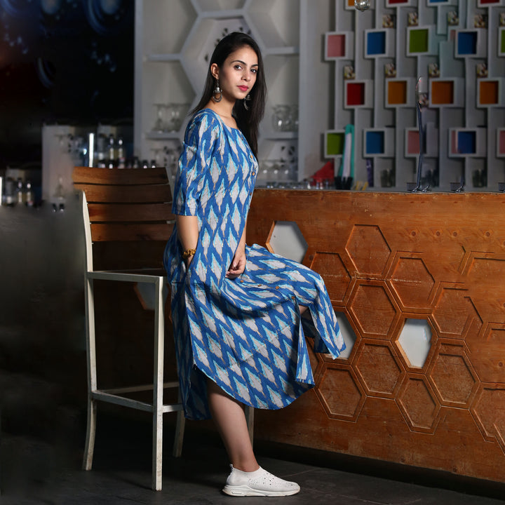 Blue Ikkat Print 3in1 Dress