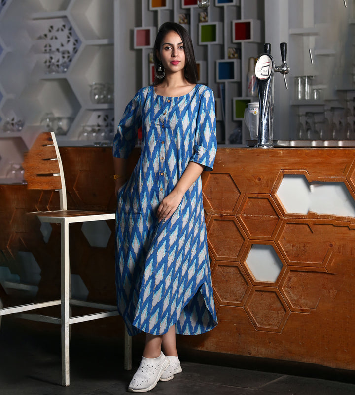 Blue Ikkat Print 3in1 Dress