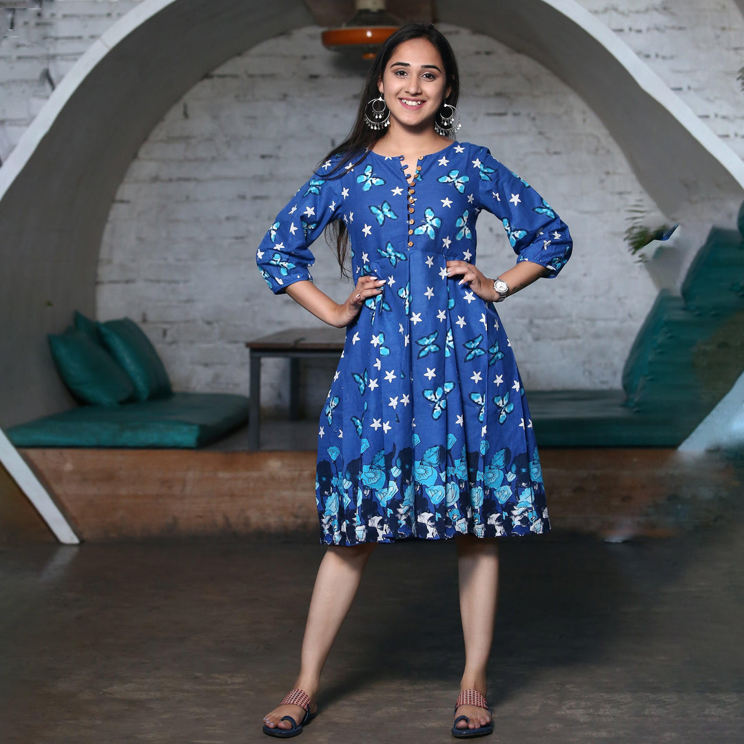 Blue Butterfly Knee Length Dress