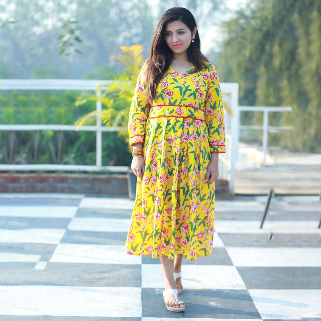 Yellow Floral Print One Piece Dress