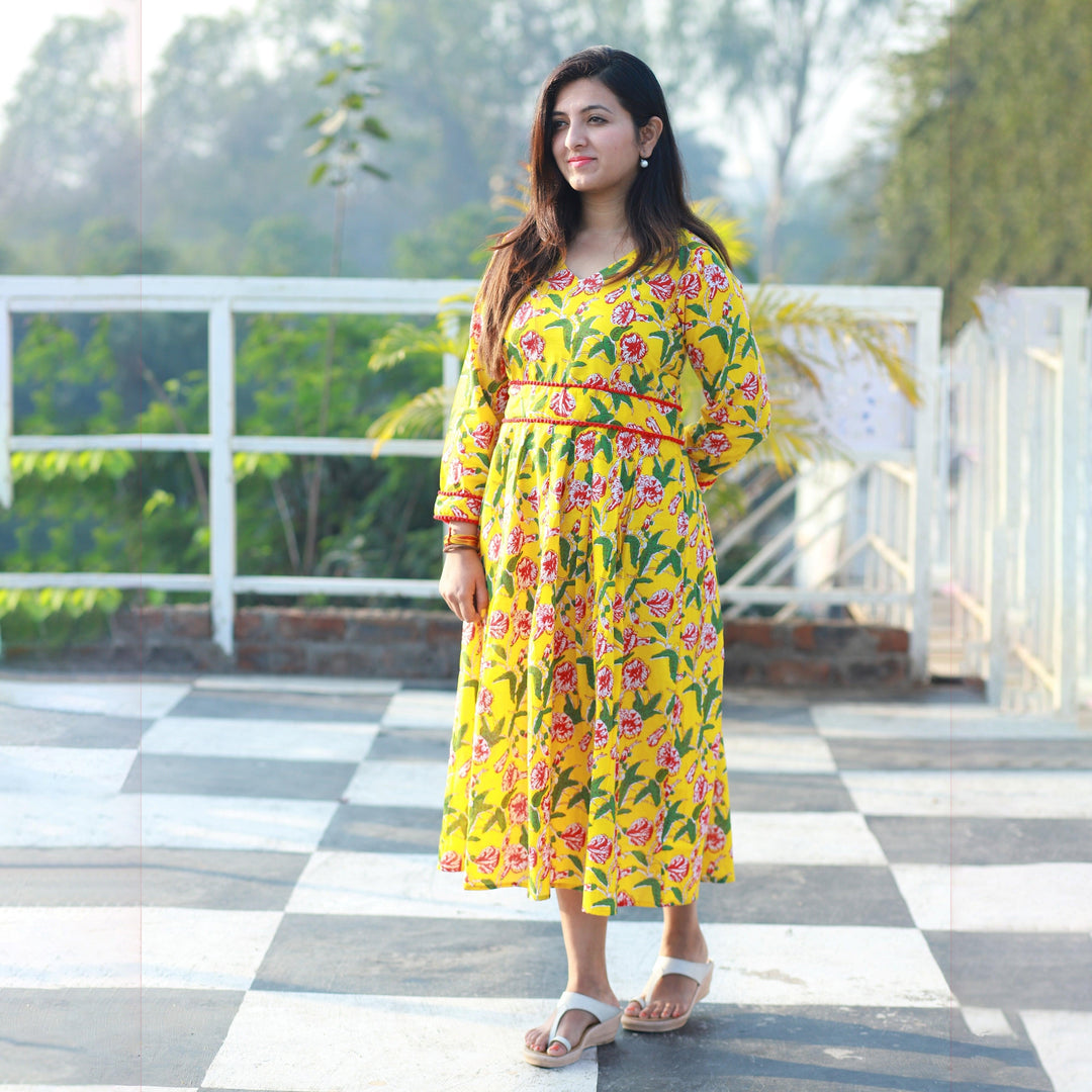 Yellow Floral Print One Piece Dress