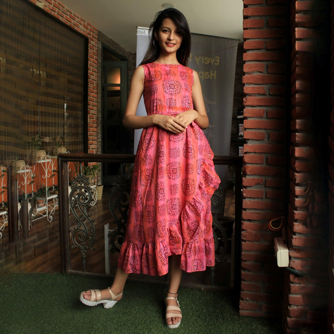 Multicolor Hand Block Print Frill Dress