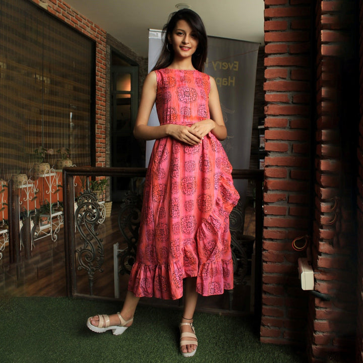 Multicolor Hand Block Print Frill Dress