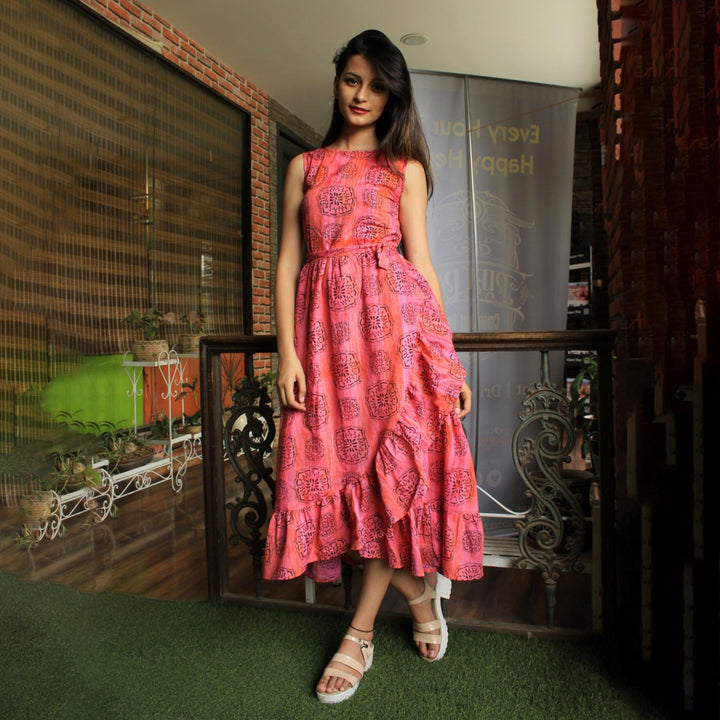 Multicolor Hand Block Print Frill Dress